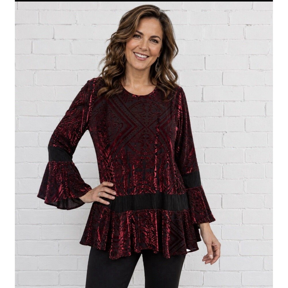 IC Collection Connie K Red Black Tunic Top Velvet Burnout S Whimsigoth Boho